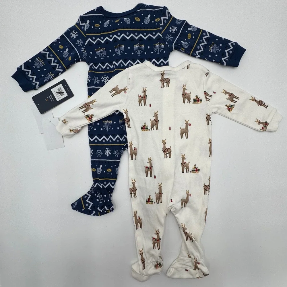 NEW‎ Petit Lem Lot of 2 Baby 3M Holiday Reindeer Organic Cotton Footie Pajamas